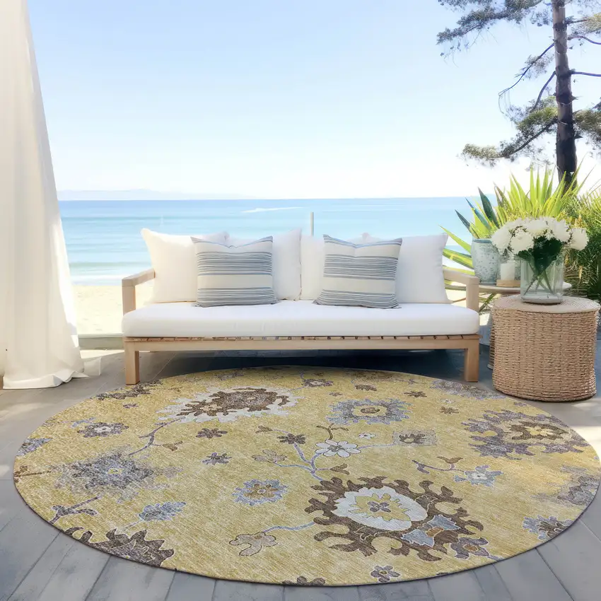 8' Gold Ivory And Brown Round Floral Washable Indoor Outdoor Area Rug Photo 8