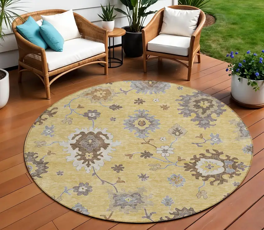 8' Gold Ivory And Brown Round Floral Washable Indoor Outdoor Area Rug Photo 1