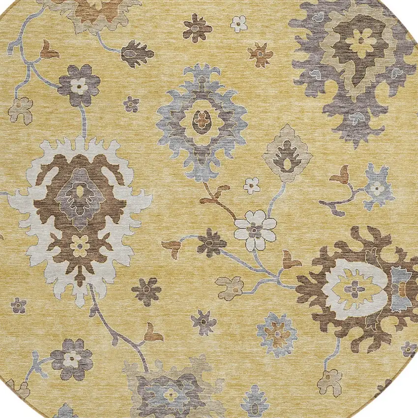 8' Gold Ivory And Brown Round Floral Washable Indoor Outdoor Area Rug Photo 5