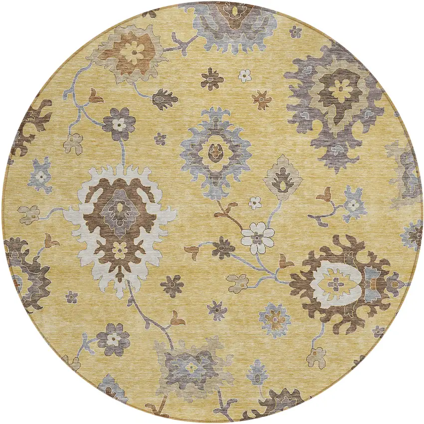 8' Gold Ivory And Brown Round Floral Washable Indoor Outdoor Area Rug Photo 2