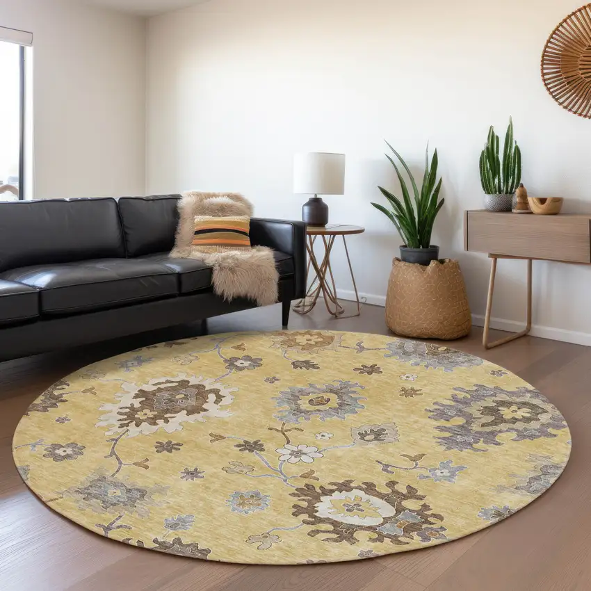 8' Gold Ivory And Brown Round Floral Washable Indoor Outdoor Area Rug Photo 8