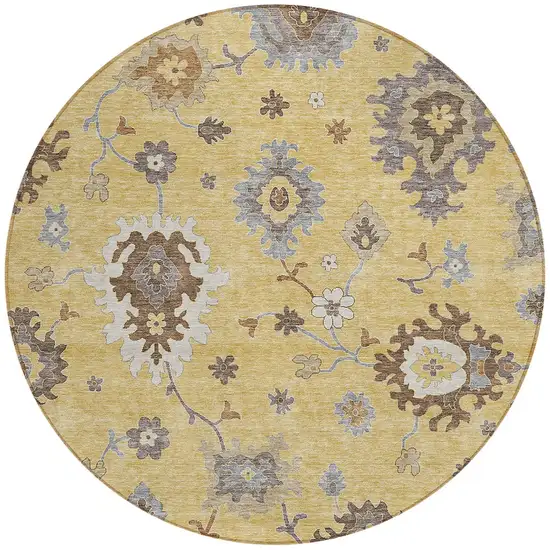 8' Gold Ivory And Brown Round Floral Washable Indoor Outdoor Area Rug Photo 6