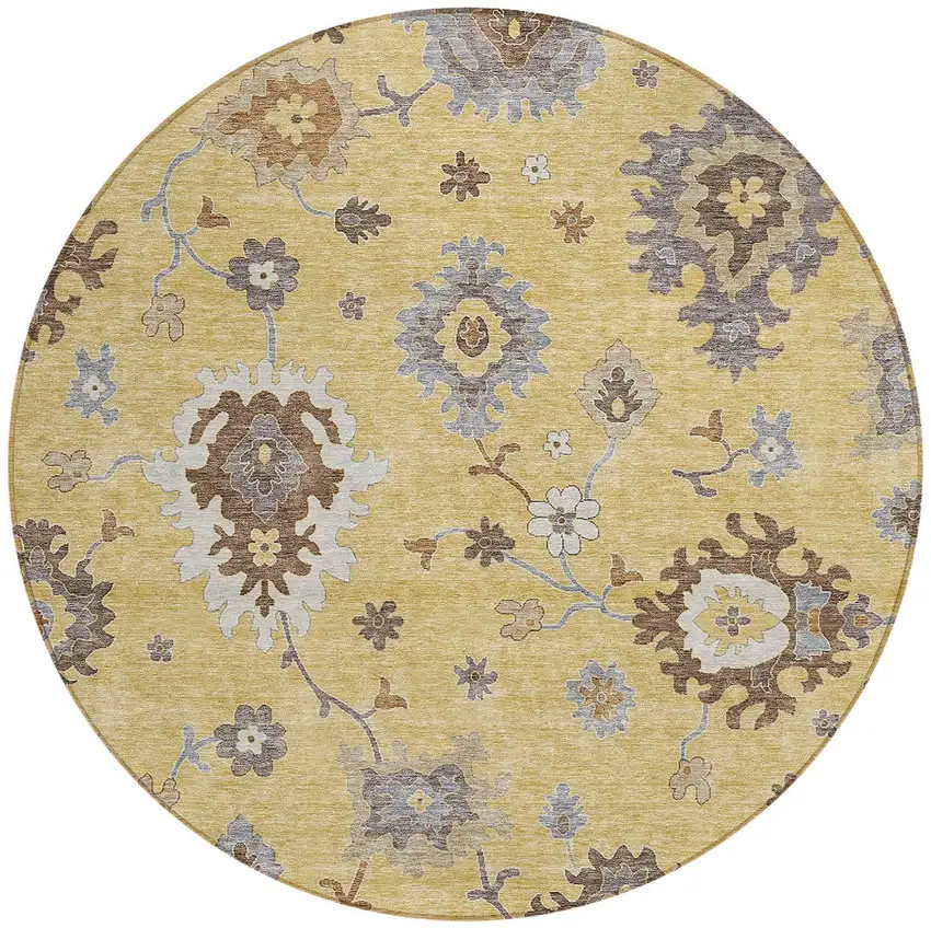 8' Gold Ivory And Brown Round Floral Washable Indoor Outdoor Area Rug Photo 6