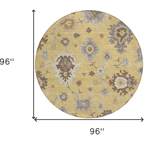 8' Gold Ivory And Brown Round Floral Washable Indoor Outdoor Area Rug Photo 9