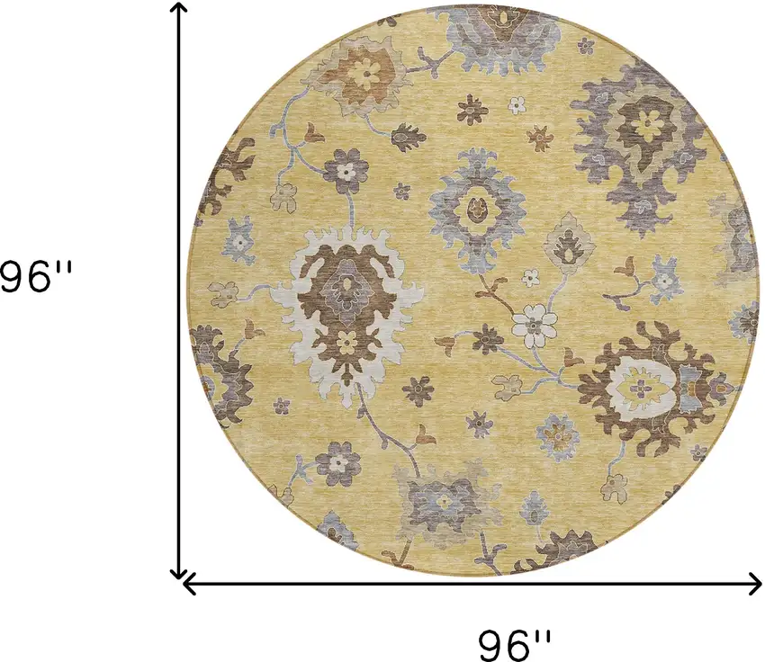8' Gold Ivory And Brown Round Floral Washable Indoor Outdoor Area Rug Photo 9