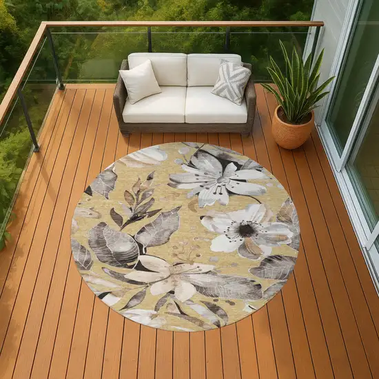 8' Gold Ivory And Charcoal Round Floral Washable Indoor Outdoor Area Rug Photo 8