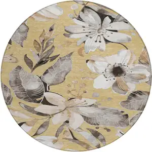 Photo of 8' Gold Ivory And Charcoal Round Floral Washable Indoor Outdoor Area Rug