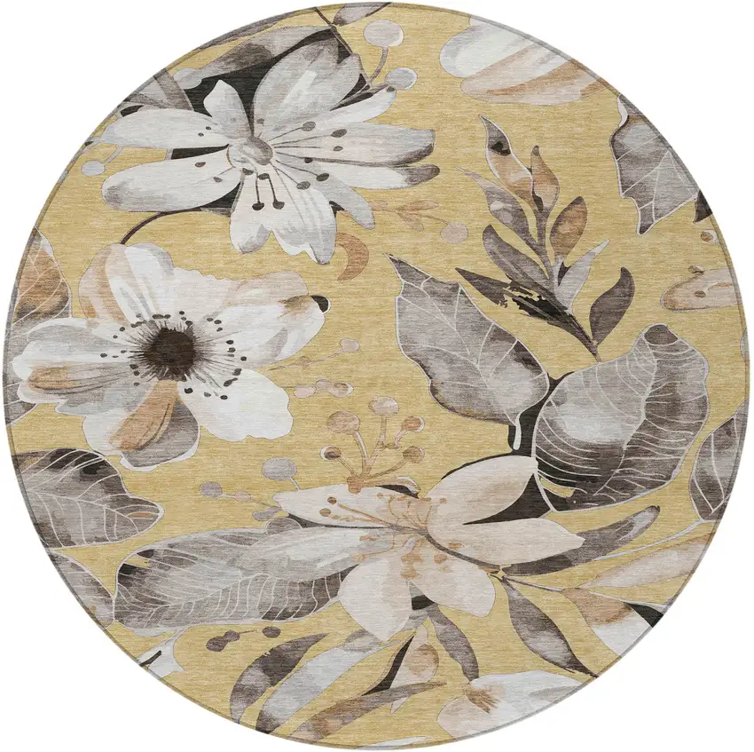 8' Gold Ivory And Charcoal Round Floral Washable Indoor Outdoor Area Rug Photo 5