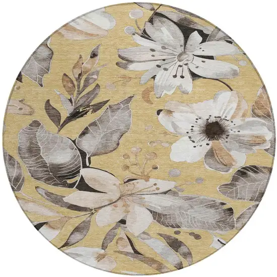 8' Gold Ivory And Charcoal Round Floral Washable Indoor Outdoor Area Rug Photo 4