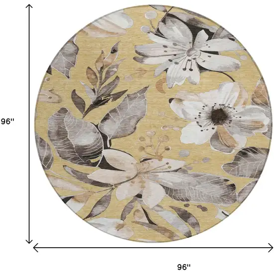 8' Gold Ivory And Charcoal Round Floral Washable Indoor Outdoor Area Rug Photo 3