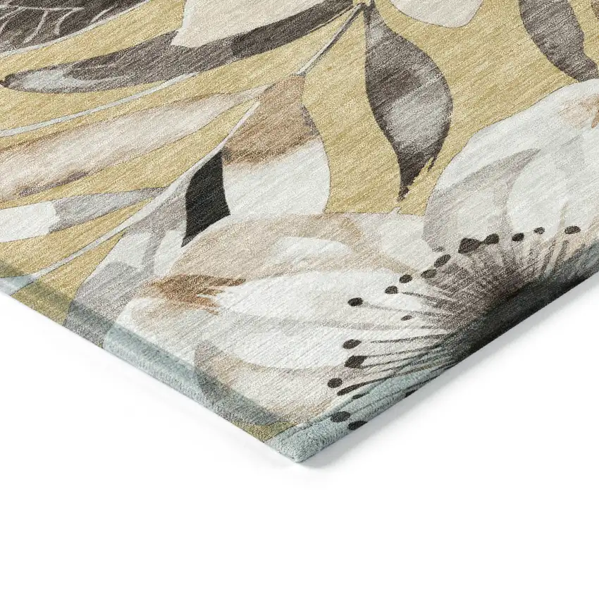 8' Gold Ivory And Charcoal Round Floral Washable Indoor Outdoor Area Rug Photo 6