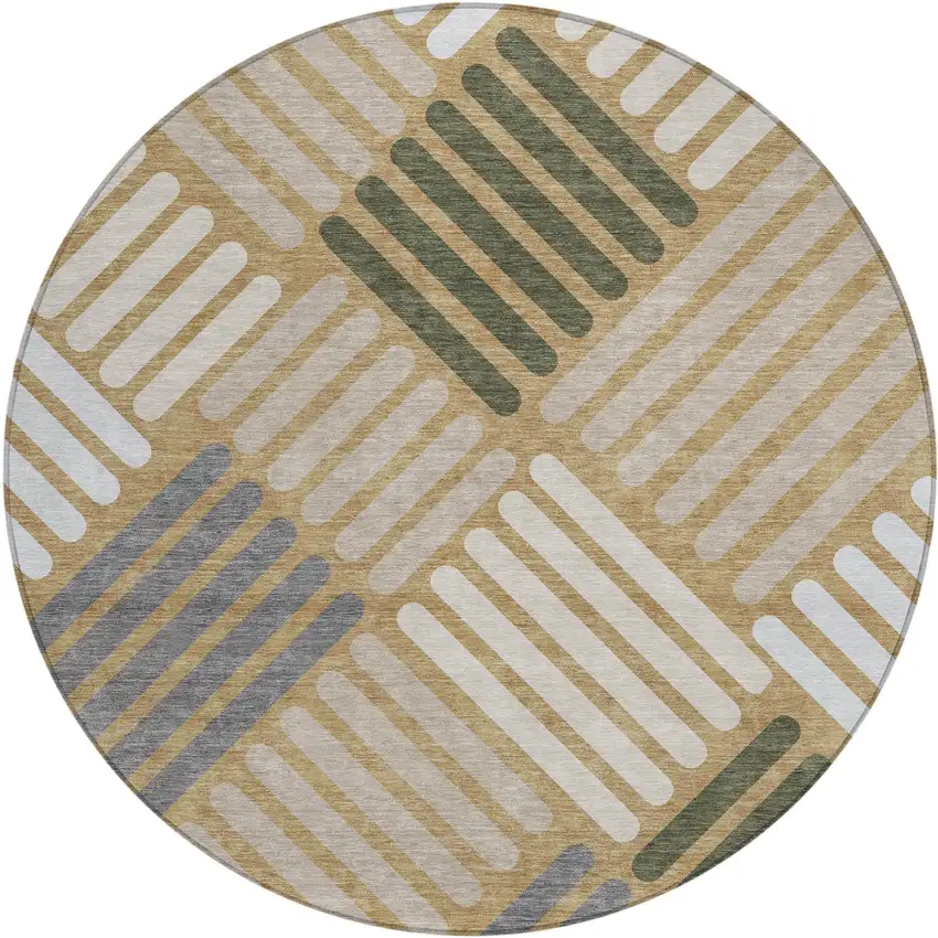 8' Gold Ivory And Charcoal Round Geometric Washable Indoor Outdoor Area Rug Photo 2