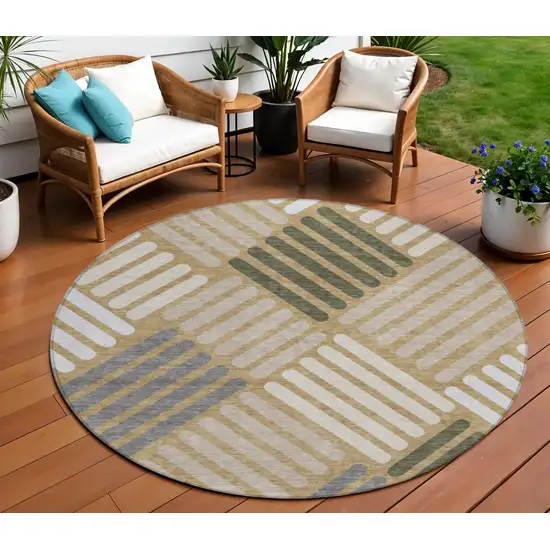 8' Gold Ivory And Charcoal Round Geometric Washable Indoor Outdoor Area Rug Photo 1