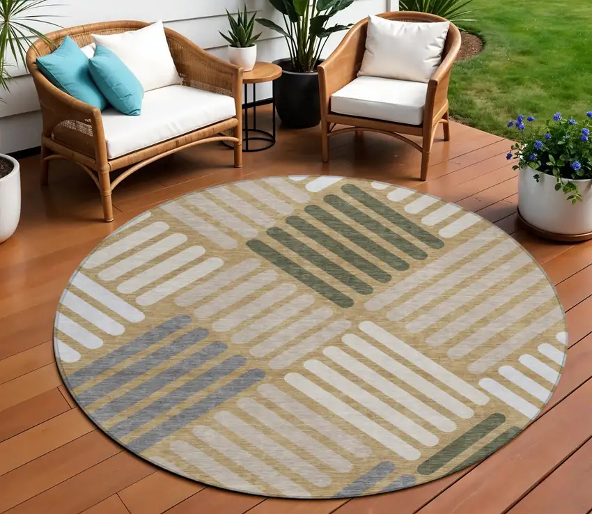 8' Gold Ivory And Charcoal Round Geometric Washable Indoor Outdoor Area Rug Photo 1