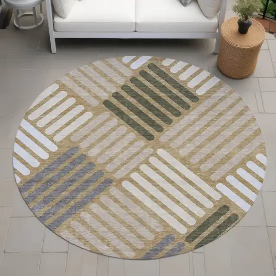 8' Gold Ivory And Charcoal Round Geometric Washable Indoor Outdoor Area Rug Photo 8