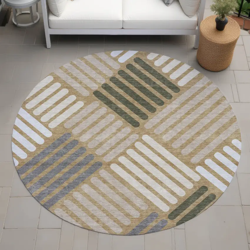 8' Gold Ivory And Charcoal Round Geometric Washable Indoor Outdoor Area Rug Photo 8