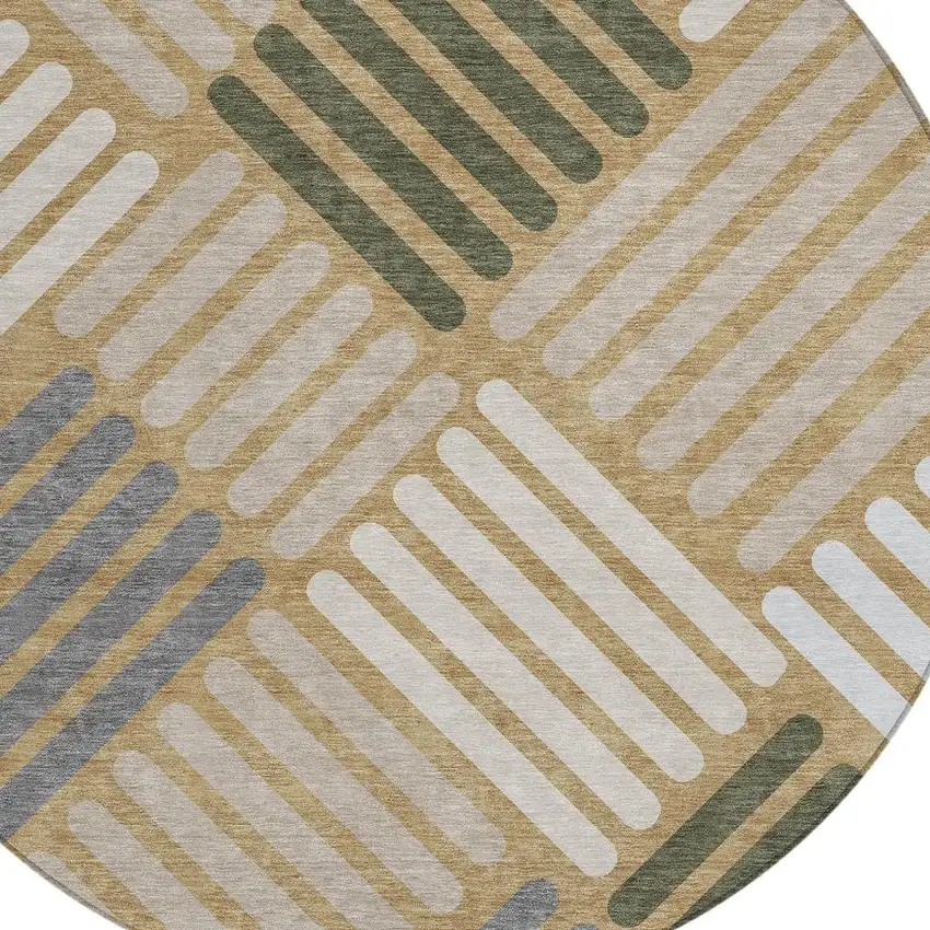 8' Gold Ivory And Charcoal Round Geometric Washable Indoor Outdoor Area Rug Photo 7