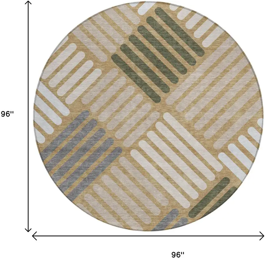 8' Gold Ivory And Charcoal Round Geometric Washable Indoor Outdoor Area Rug Photo 3