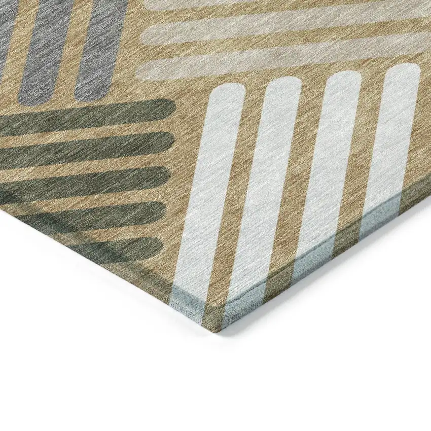 8' Gold Ivory And Charcoal Round Geometric Washable Indoor Outdoor Area Rug Photo 6