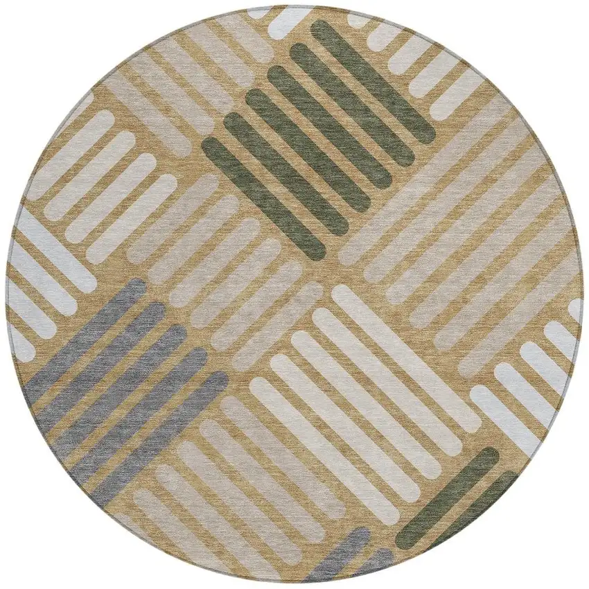 8' Gold Ivory And Charcoal Round Geometric Washable Indoor Outdoor Area Rug Photo 4