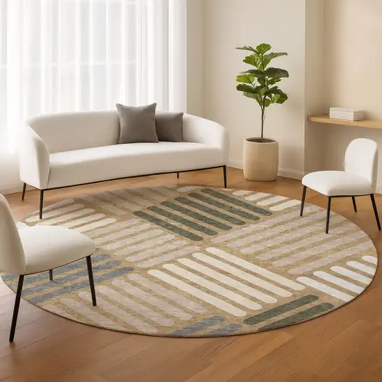 8' Gold Ivory And Charcoal Round Geometric Washable Indoor Outdoor Area Rug Photo 9