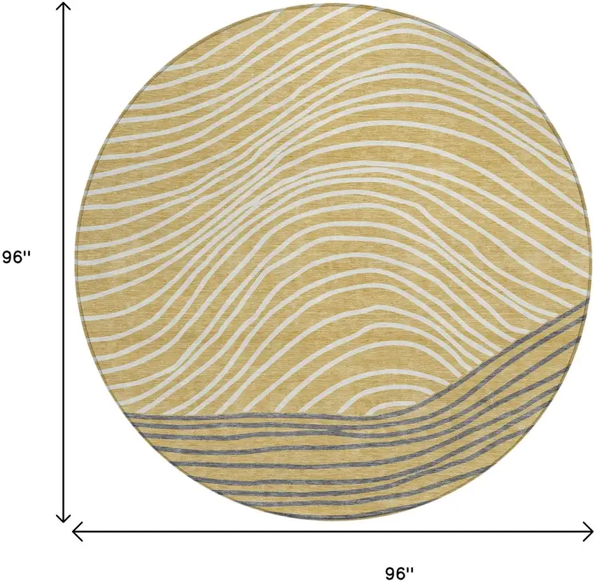 8' Gold Ivory And Charcoal Round Striped Washable Indoor Outdoor Area Rug Photo 3