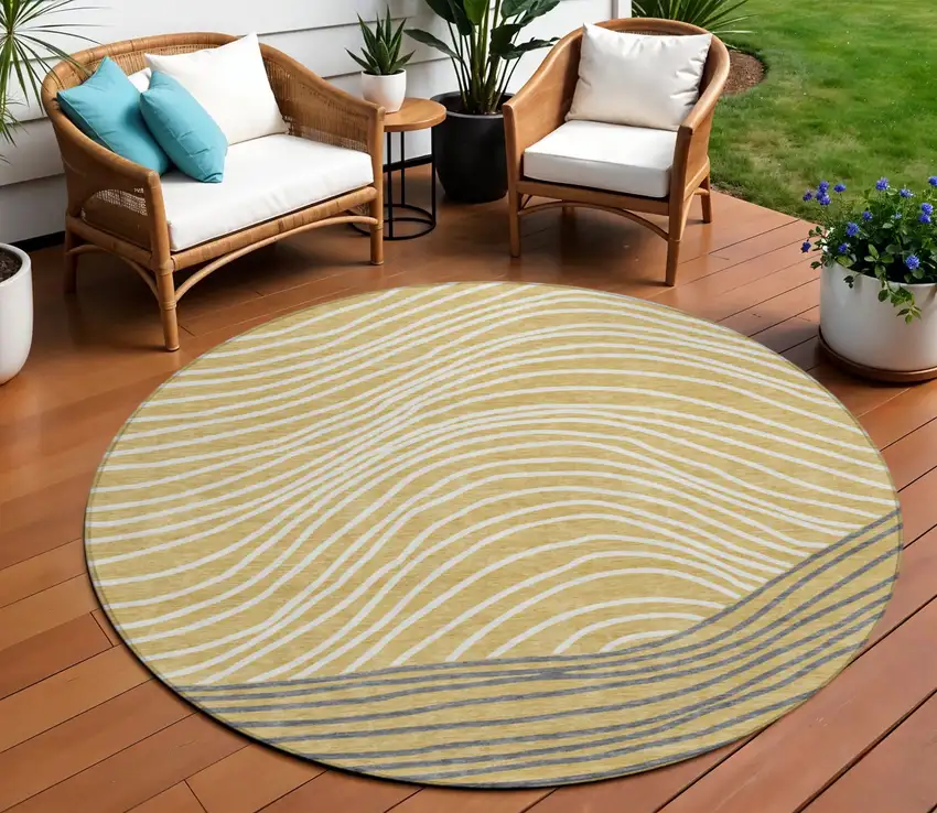8' Gold Ivory And Charcoal Round Striped Washable Indoor Outdoor Area Rug Photo 1