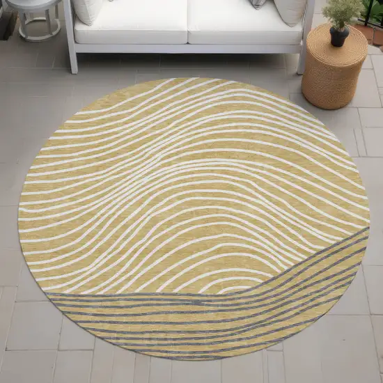 8' Gold Ivory And Charcoal Round Striped Washable Indoor Outdoor Area Rug Photo 8