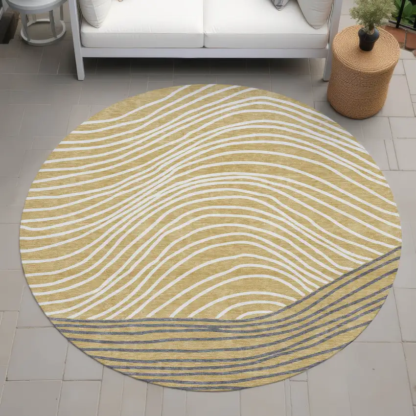 8' Gold Ivory And Charcoal Round Striped Washable Indoor Outdoor Area Rug Photo 8