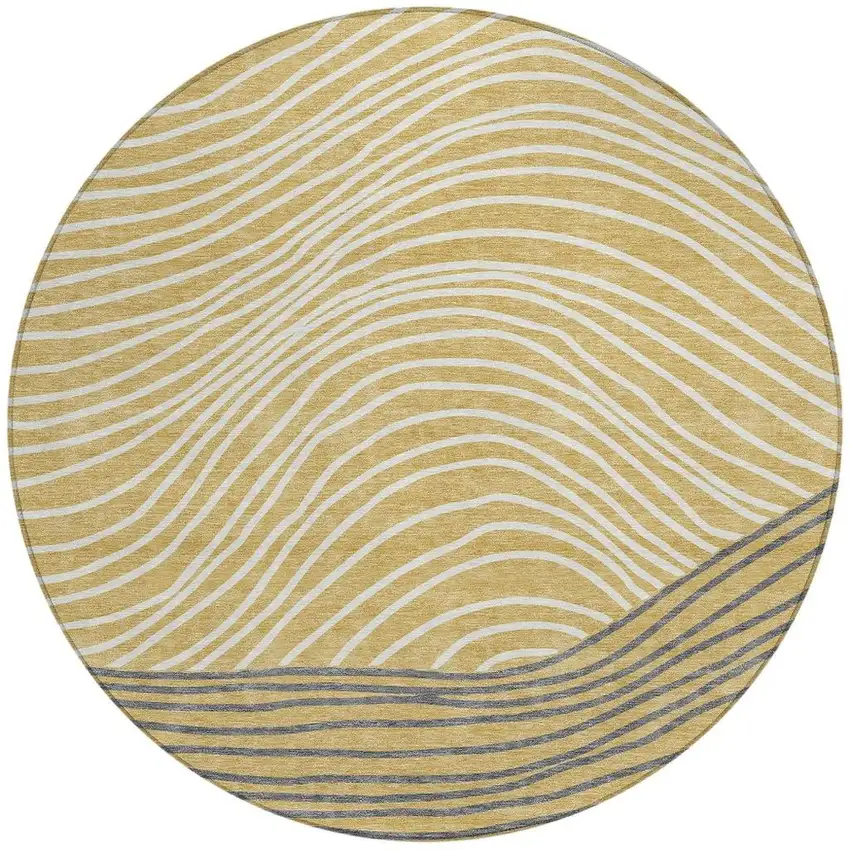 8' Gold Ivory And Charcoal Round Striped Washable Indoor Outdoor Area Rug Photo 4