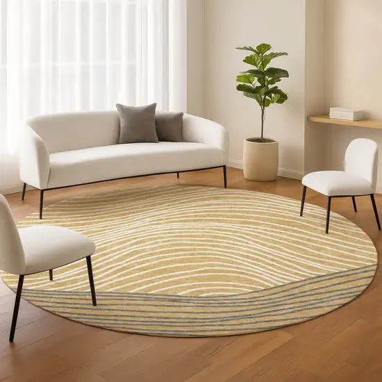 8' Gold Ivory And Charcoal Round Striped Washable Indoor Outdoor Area Rug Photo 9
