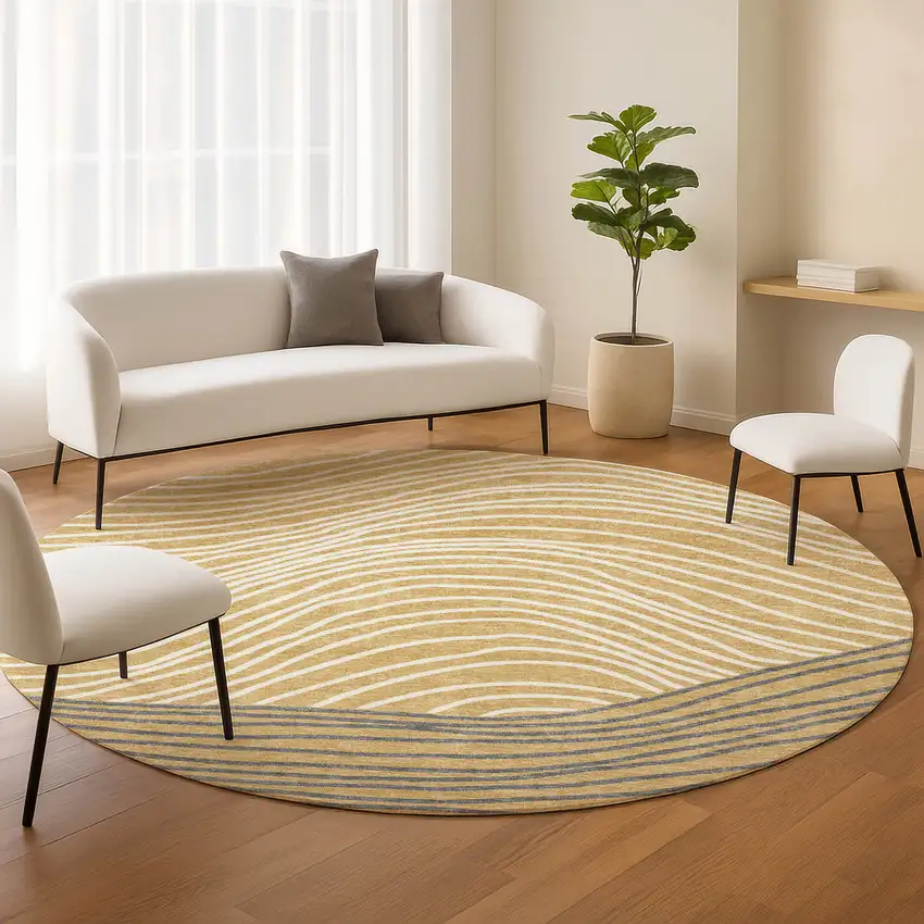 8' Gold Ivory And Charcoal Round Striped Washable Indoor Outdoor Area Rug Photo 9