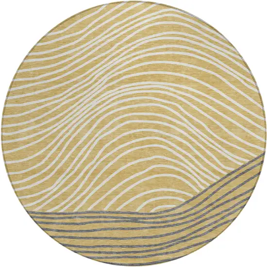 8' Gold Ivory And Charcoal Round Striped Washable Indoor Outdoor Area Rug Photo 2