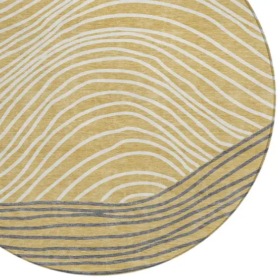 8' Gold Ivory And Charcoal Round Striped Washable Indoor Outdoor Area Rug Photo 7