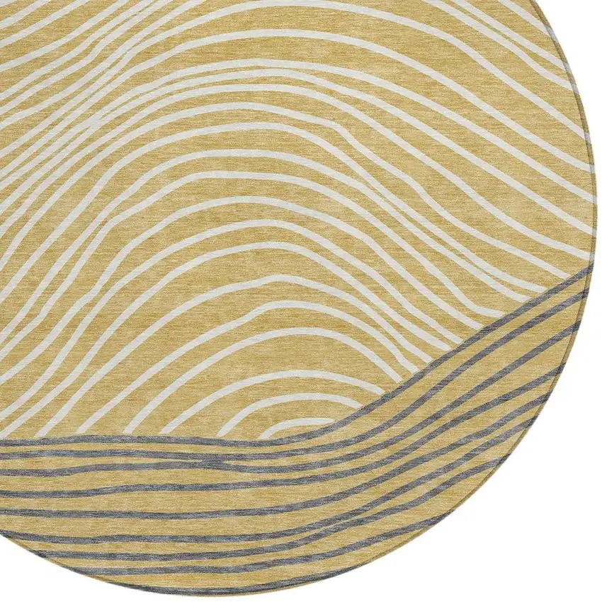 8' Gold Ivory And Charcoal Round Striped Washable Indoor Outdoor Area Rug Photo 7