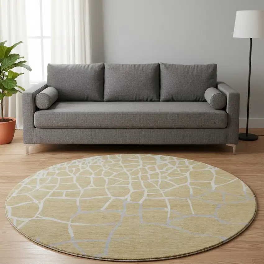8' Gold Ivory And Gray Abstract Geometric Washable Round Rug With UV Protection Photo 2