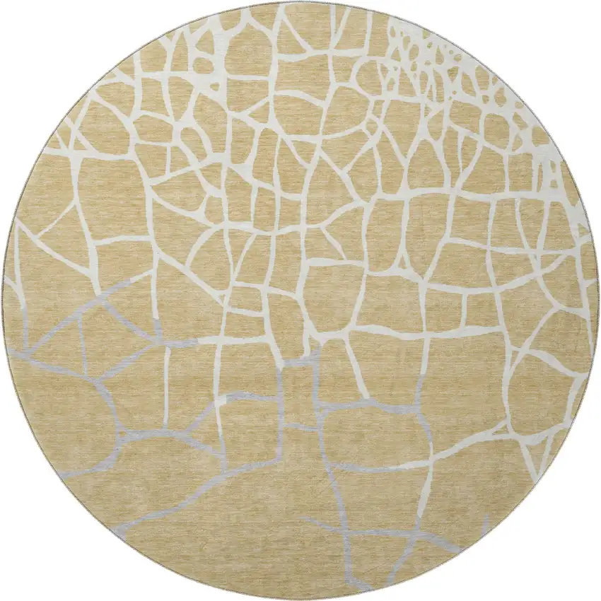 8' Gold Ivory And Gray Abstract Geometric Washable Round Rug With UV Protection Photo 3