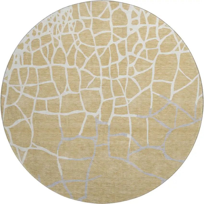 8' Gold Ivory And Gray Abstract Geometric Washable Round Rug With UV Protection Photo 1