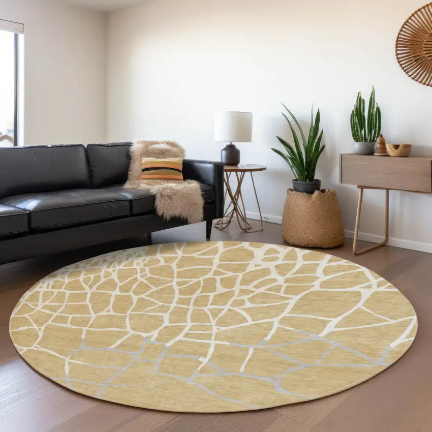 8' Gold Ivory And Gray Abstract Geometric Washable Round Rug With UV Protection Photo 4