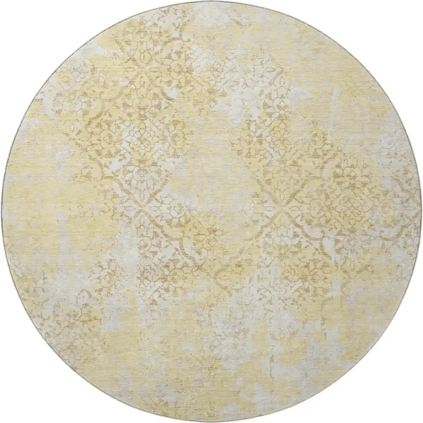 8' Gold Ivory And Gray Abstract Washable Round Rug With UV Protection Photo 4