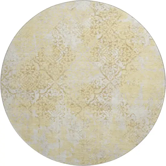 8' Gold Ivory And Gray Abstract Washable Round Rug With UV Protection Photo 1