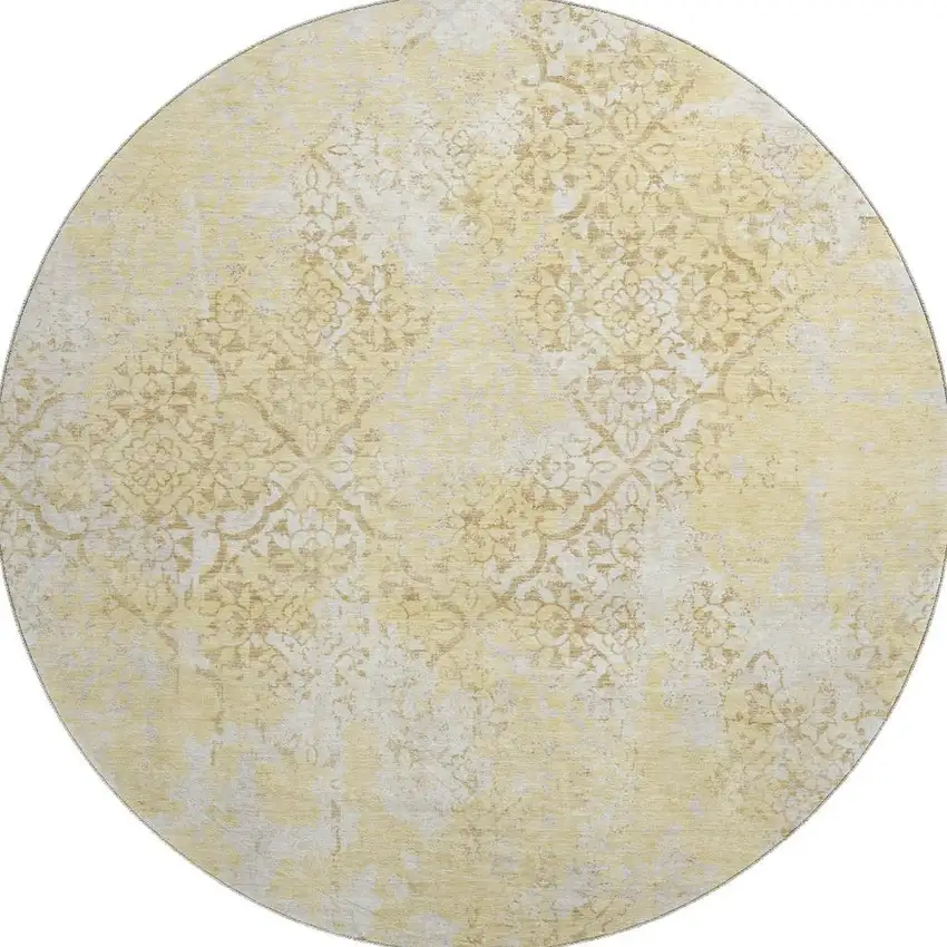 8' Gold Ivory And Gray Abstract Washable Round Rug With UV Protection Photo 3