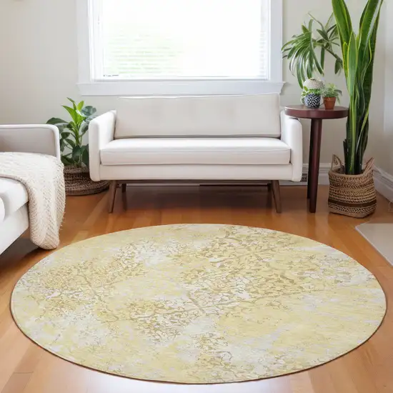 8' Gold Ivory And Gray Abstract Washable Round Rug With UV Protection Photo 5