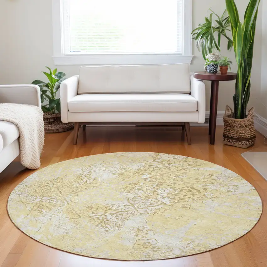 8' Gold Ivory And Gray Abstract Washable Round Rug With UV Protection Photo 5