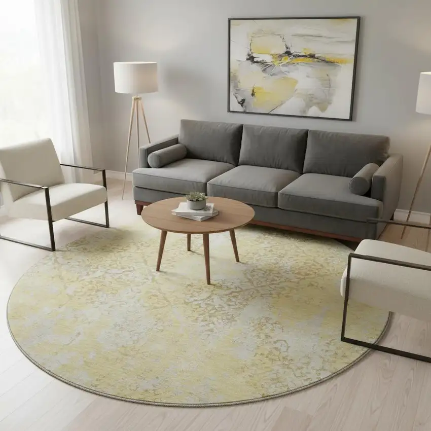 8' Gold Ivory And Gray Abstract Washable Round Rug With UV Protection Photo 2