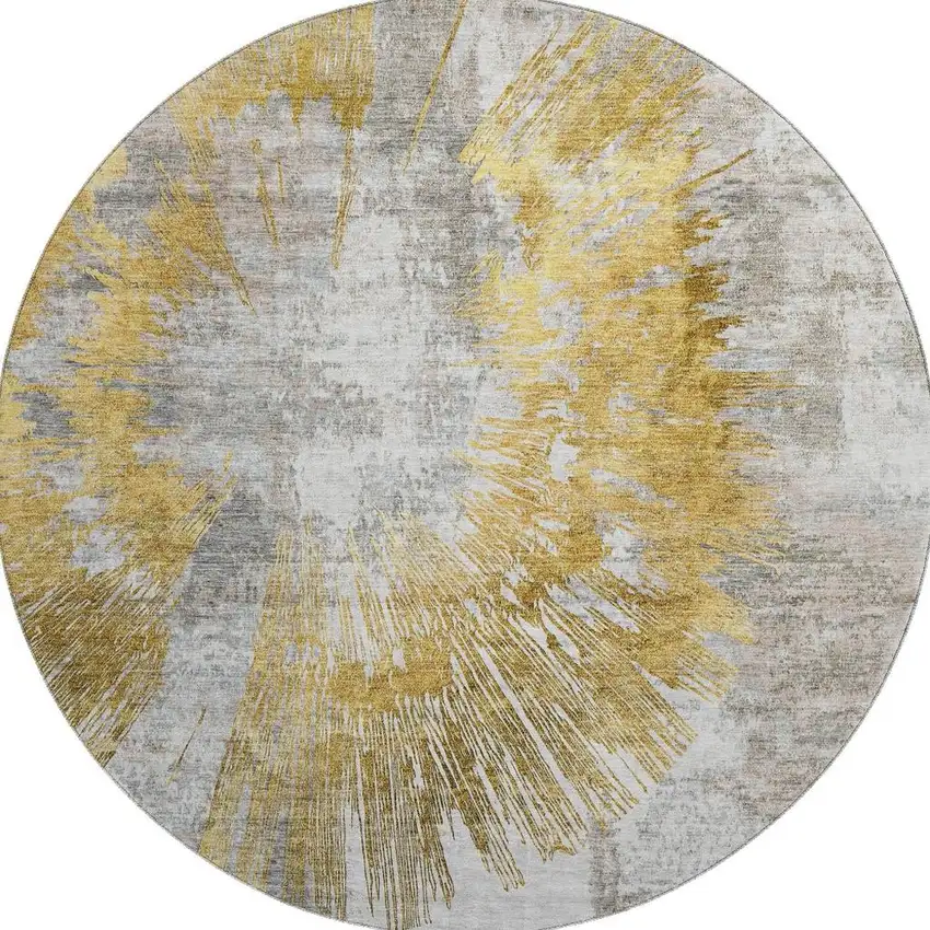 8' Gold Ivory And Gray Abstract Washable Round Rug With UV Protection Photo 4