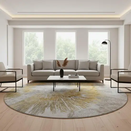 8' Gold Ivory And Gray Abstract Washable Round Rug With UV Protection Photo 2
