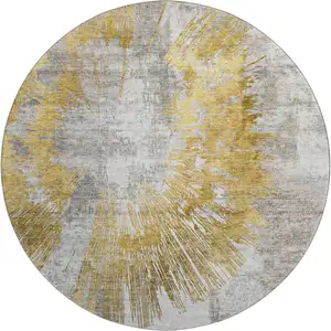 Photo of 8' Gold Ivory And Gray Abstract Washable Round Rug With UV Protection