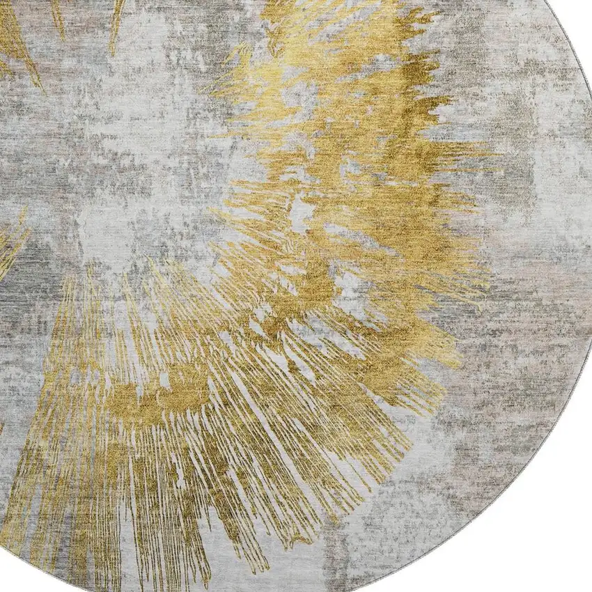 8' Gold Ivory And Gray Abstract Washable Round Rug With UV Protection Photo 3