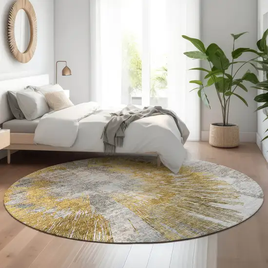 8' Gold Ivory And Gray Abstract Washable Round Rug With UV Protection Photo 5
